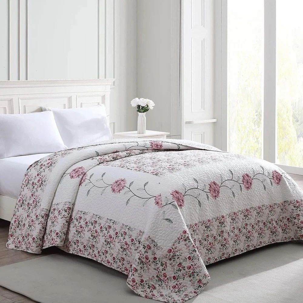 Carnation Embroidered Bedspread Rose Sz Full